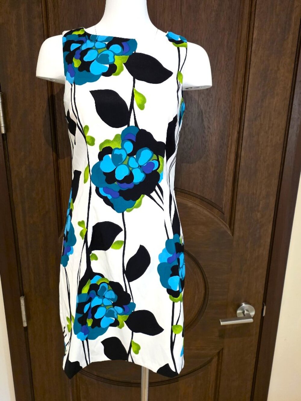 Vintage ABS Dress Size 6 White/Black/Blue/Green Floral Sleeveless Shift Dress